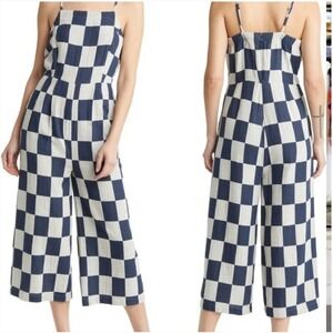 Brixton Mykonos Checkerboard Wide Leg Cotton Jumpsuit In Washed Navy Size‎ Small